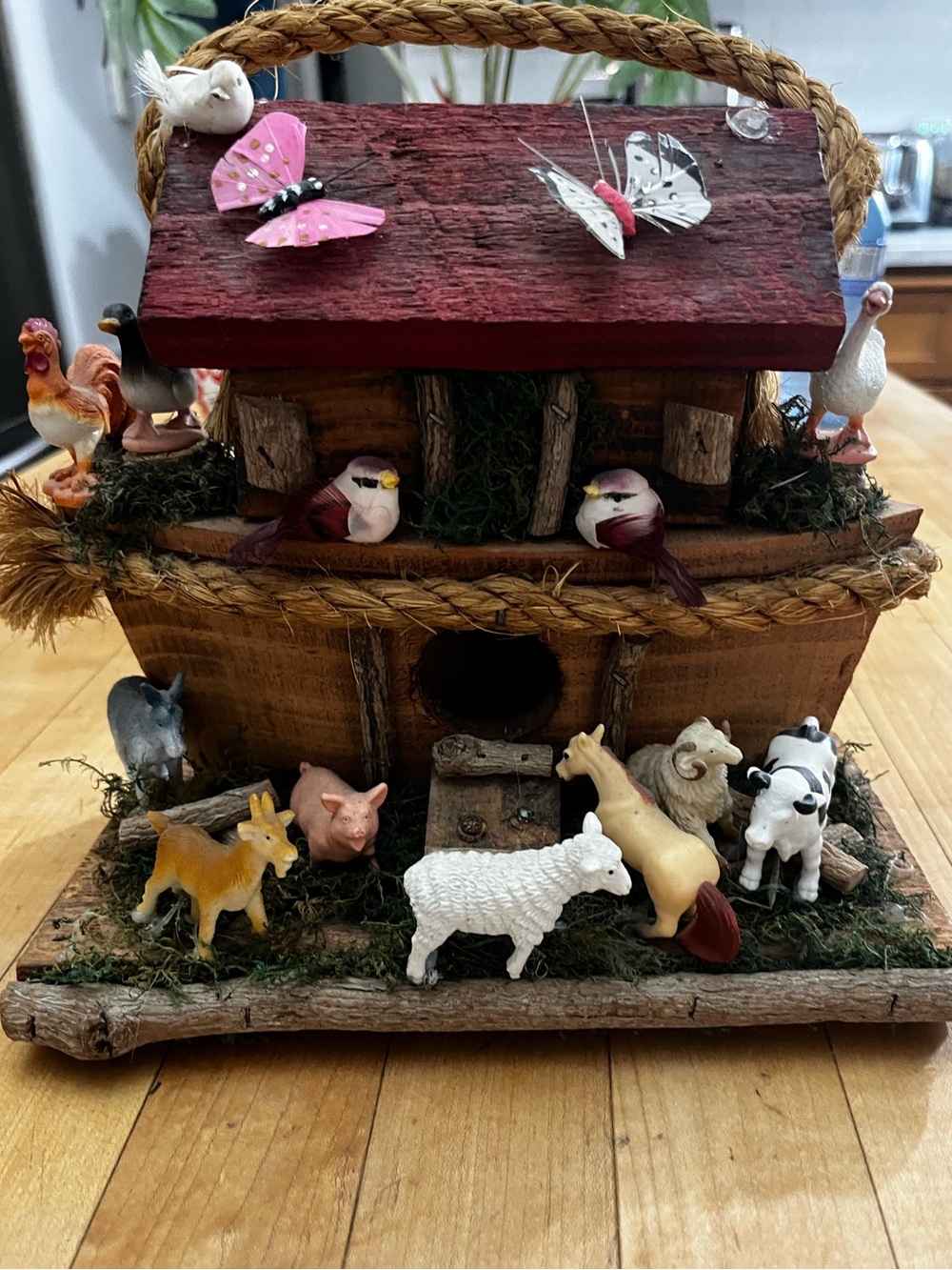 Rustic Wooden Noahs Ark Birdhouse with Mini Animal, Birds, Butterflies Figurines